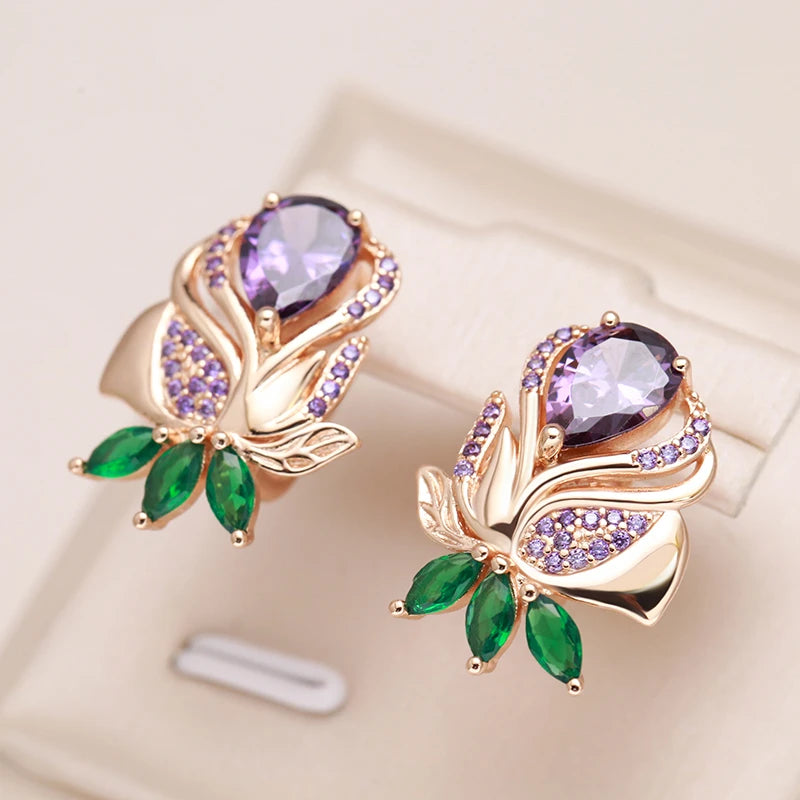 Elegant Purple Flower Earrings in Gold