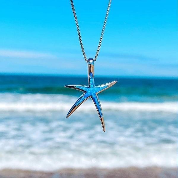 Blue Opal and Silver Starfish Necklace