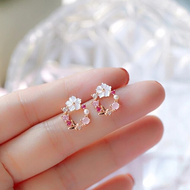 Elegant Floral Earrings with Pearls and Zirconia in Rose Gold