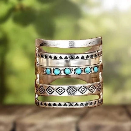 Bohemian Openwork Carved Turquoise Ring