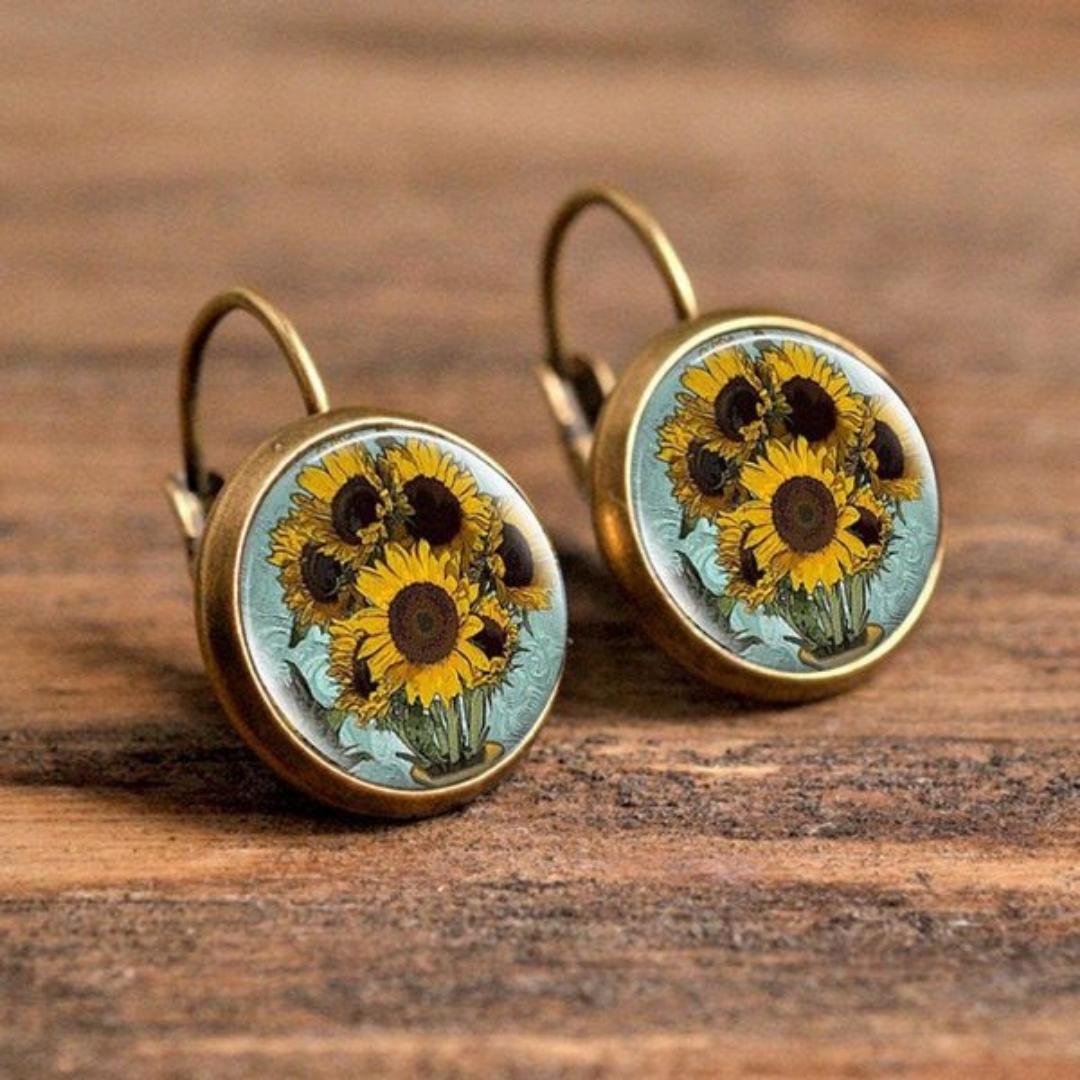 Luxury Sunflower Painted Earrings in Gold