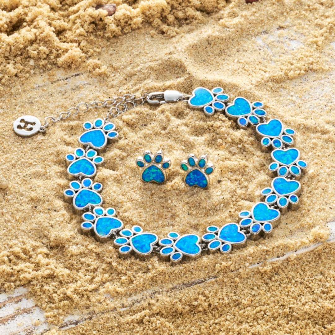 Oceanic Paw Blue Opal and Silver Bracelet + Earrings Set