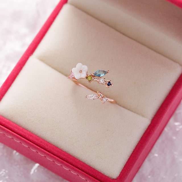 Adjustable Wildflower Ring with Precious Stones in Gold
