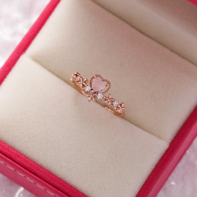 Pink Heart with Zirconia Adjustable Ring in Gold