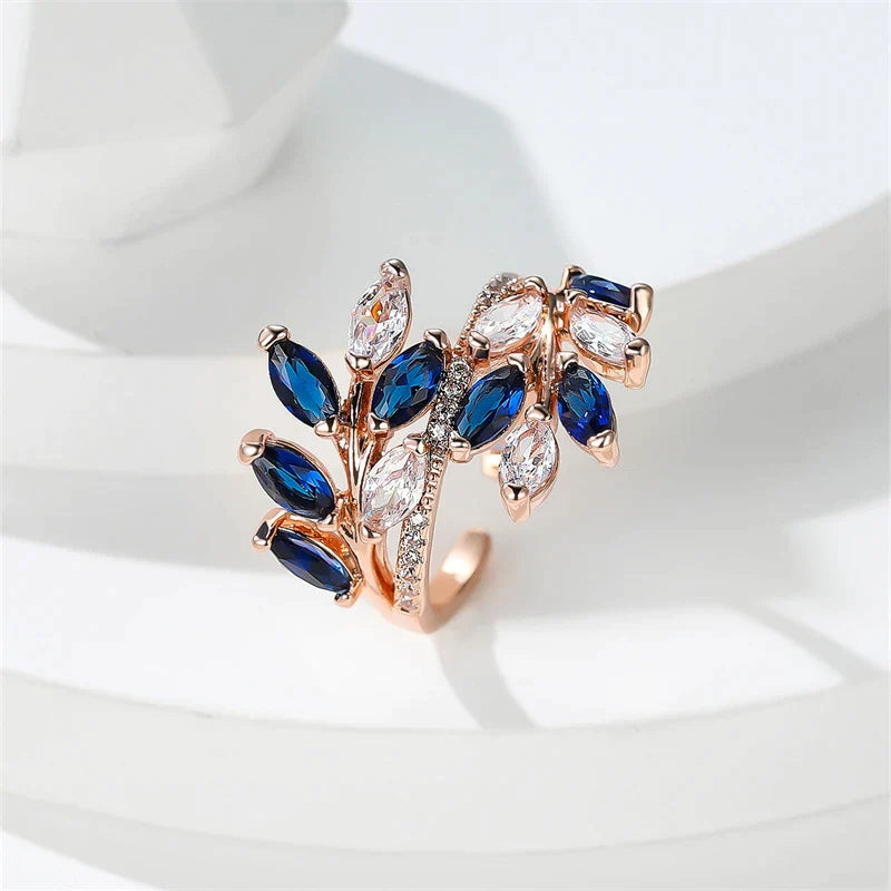 Adjustable Ring Blue Crystal Leaf