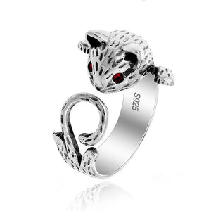 Adjustable Hand Painted Cat Ring in 925 Sterling Silver
