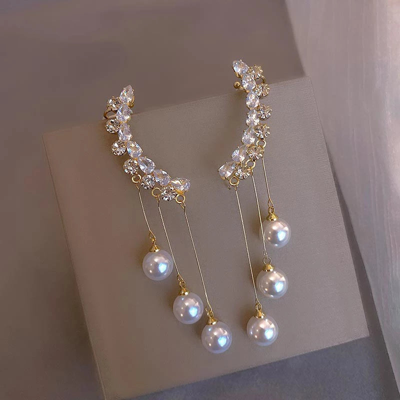 Gold Pendant Earrings with Zircon and Pearl