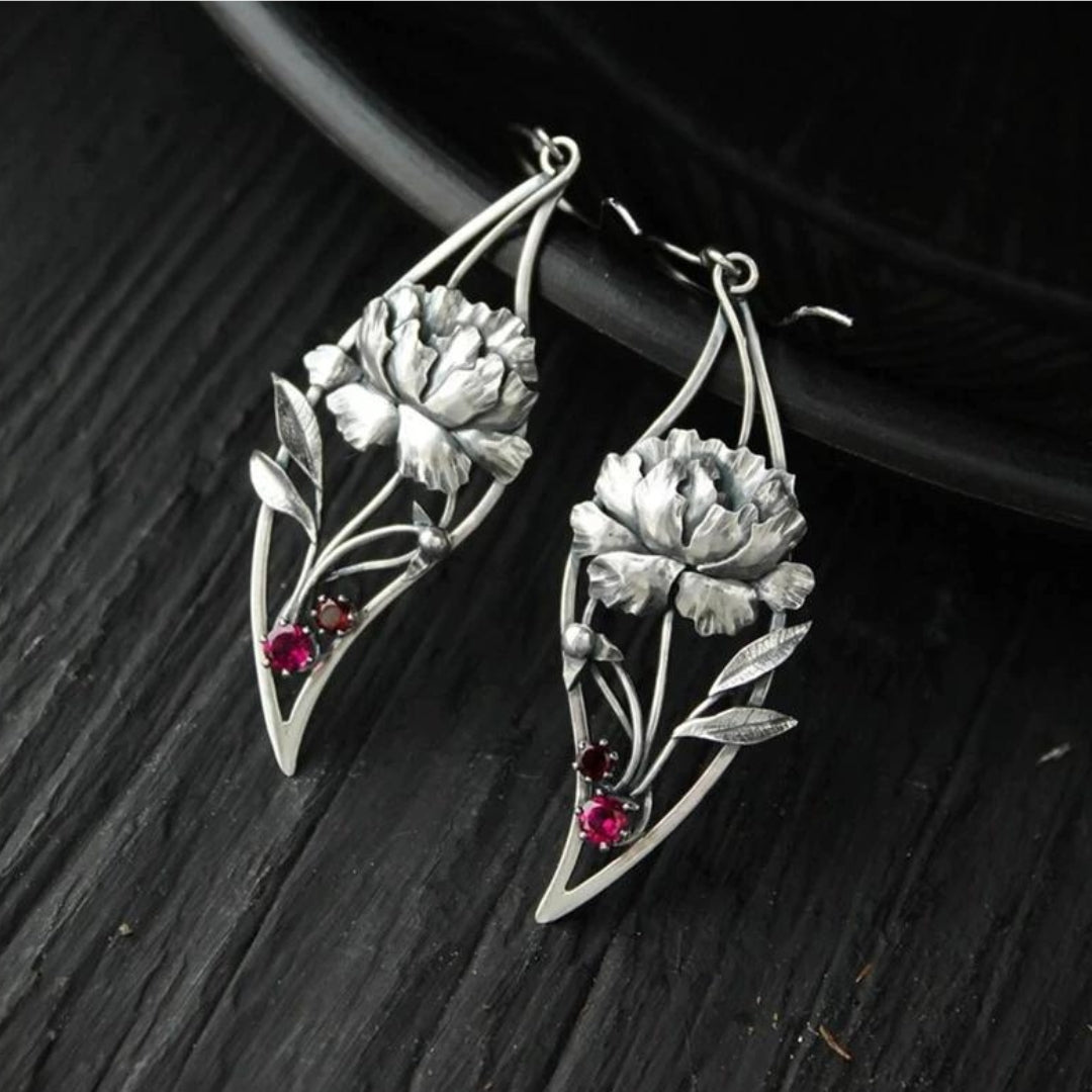 Boho Floral Earrings with Crystals in Sterling Silver
