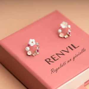 Elegant Floral Earrings with Pearls and Zirconia in Rose Gold