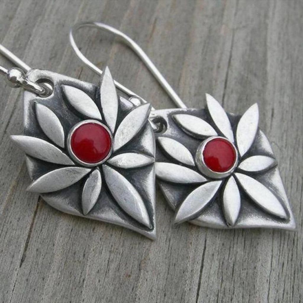 Boho Flower with Red Zirconia Silver Earrings
