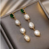 Pearl Pendant Earrings with Emerald in Gold
