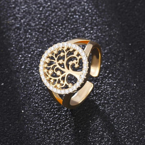 Tree of Life Adjustable Ring with Zirconia in Gold and Silver