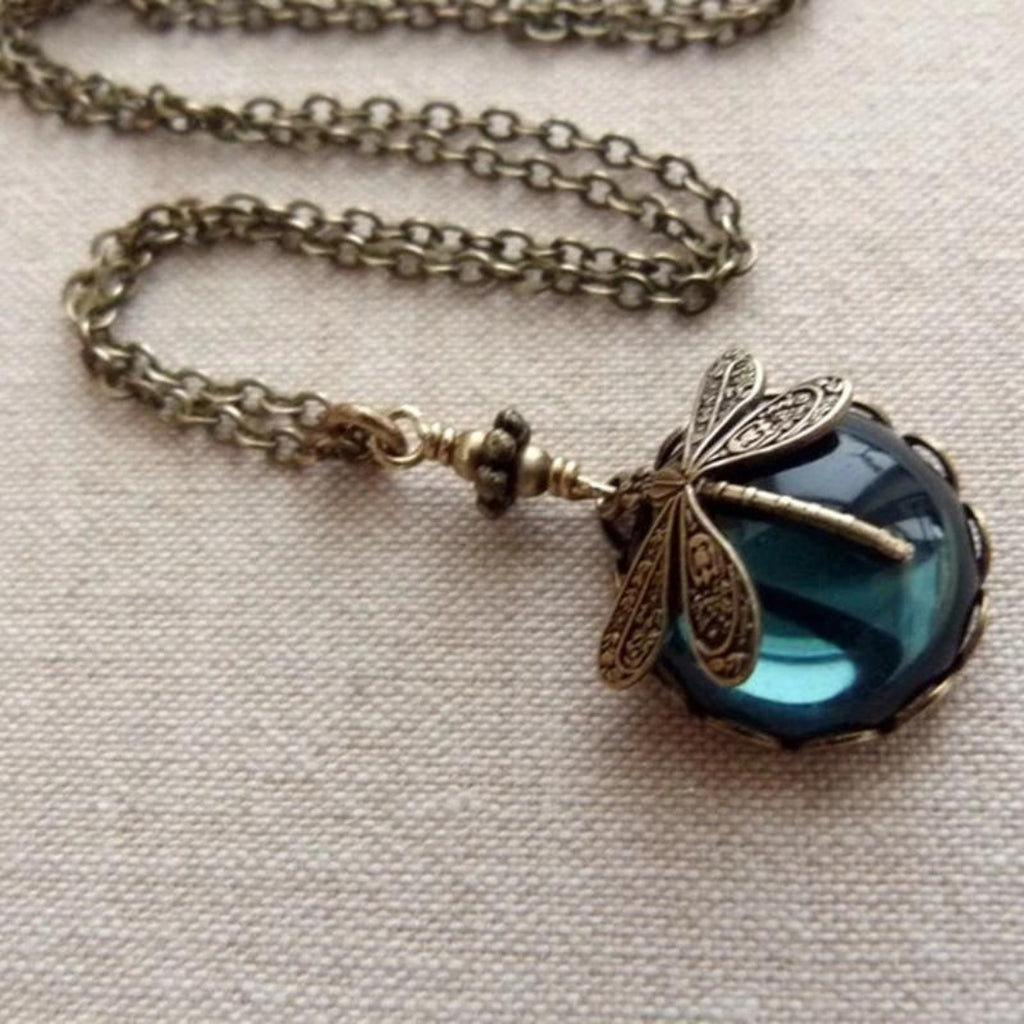 Blue Crystal Dragonfly Necklace in Antique Gold