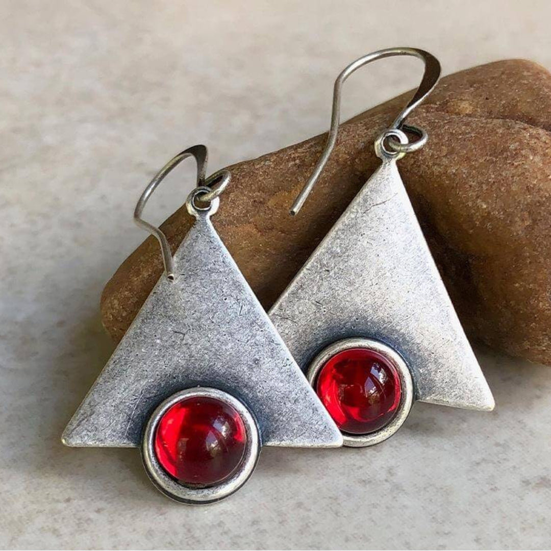 Boho triangle earrings with red stones in sterling silver