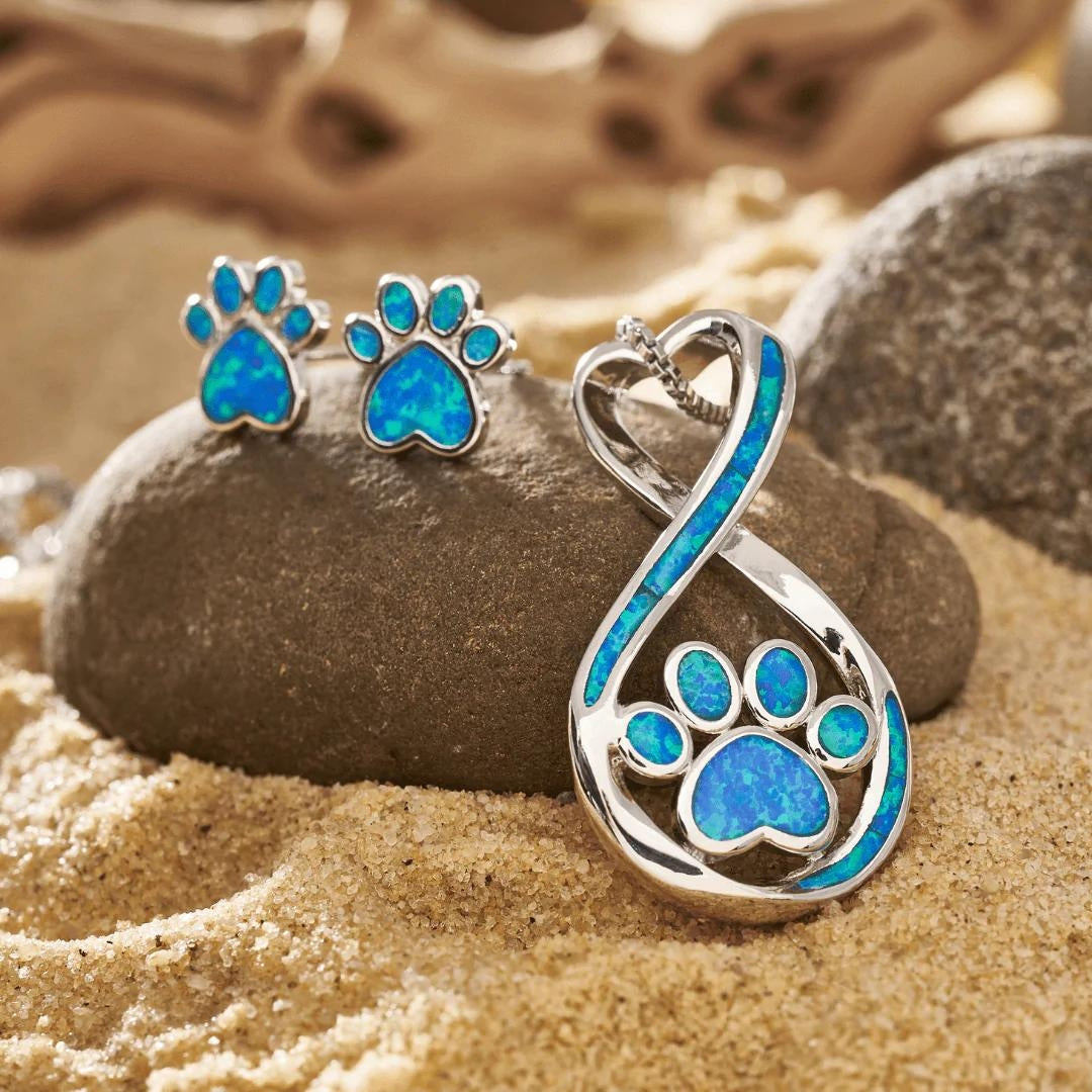 Oceanic Paw Necklace + Earrings Set in Blue Opal and Silver