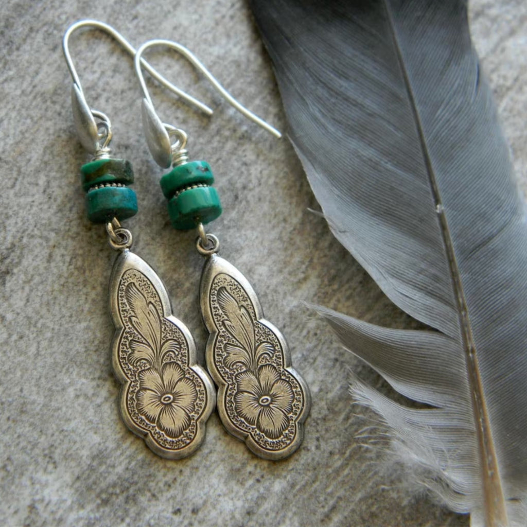Boho Pendant Earrings with Turquoise Stone in Sterling Silver