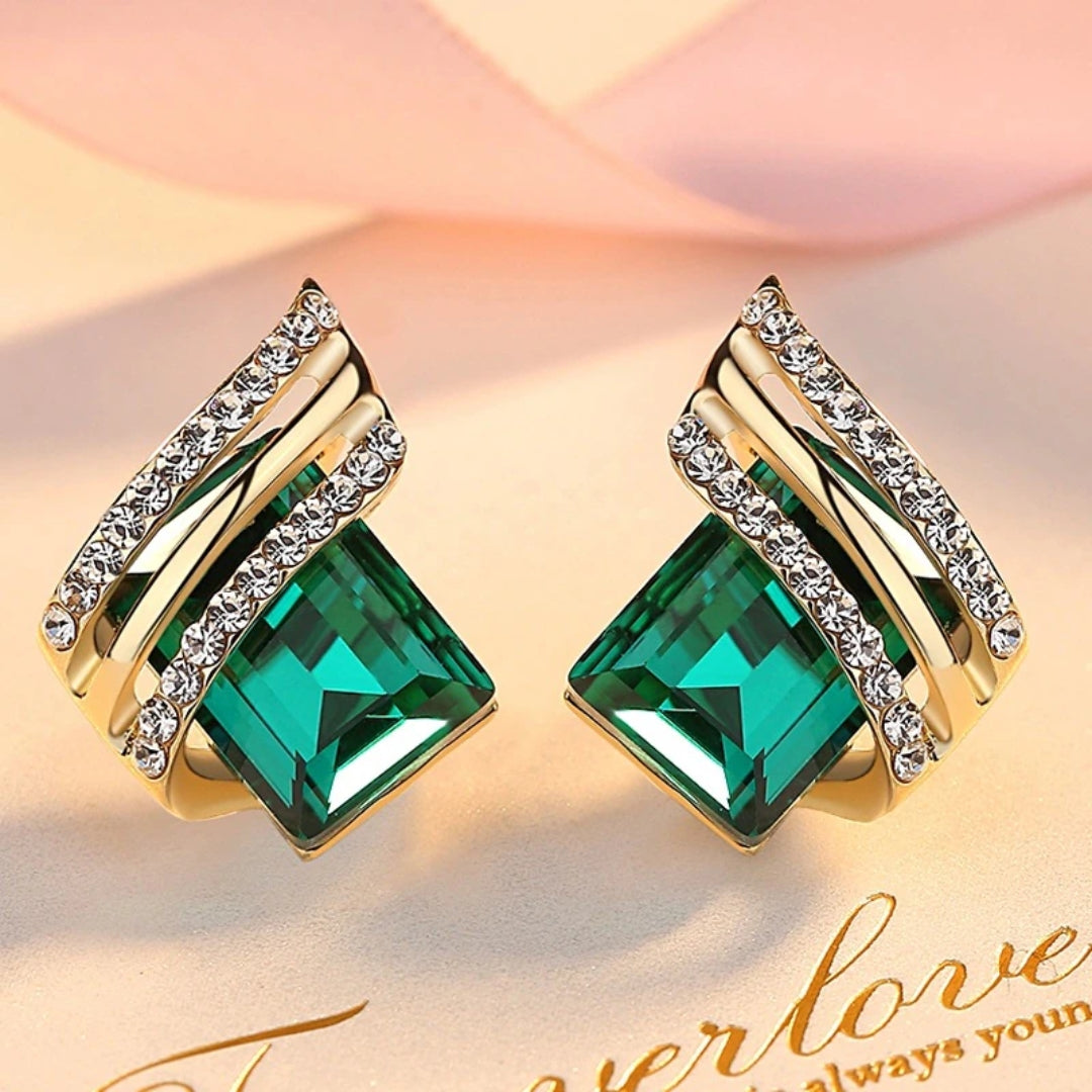 Luxurious Earrings with Green Crystals in Gold