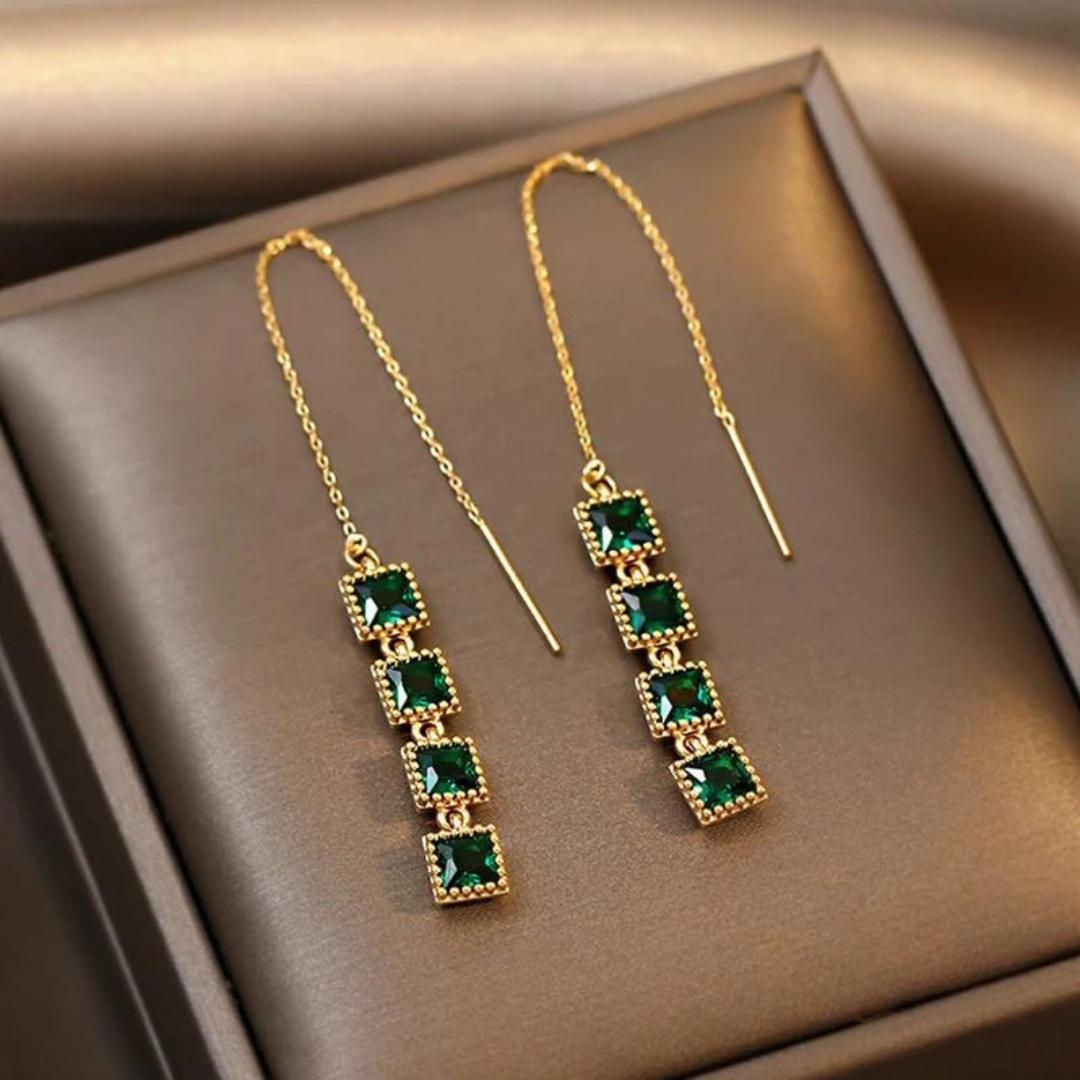 Green Zirconia Dangle Earrings in Gold