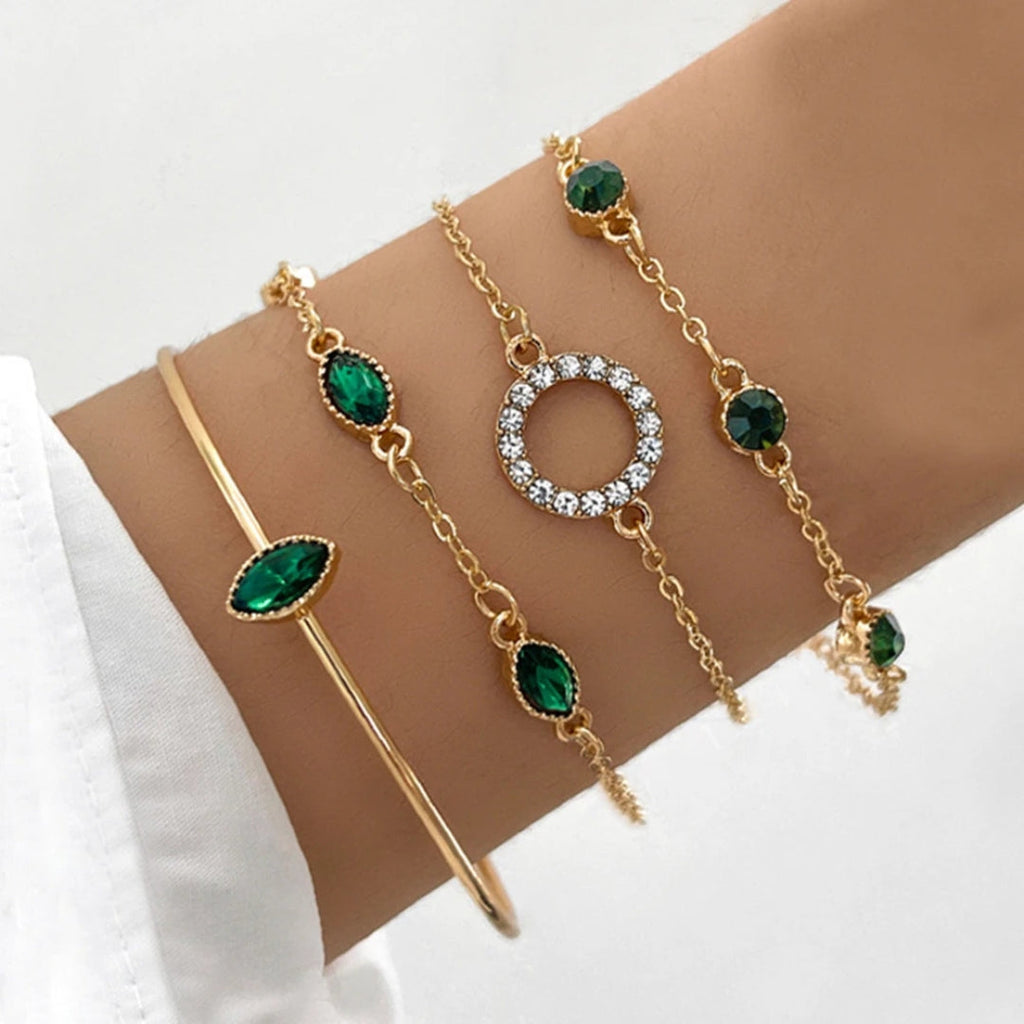 Pack Green Crystal Bracelets in Gold