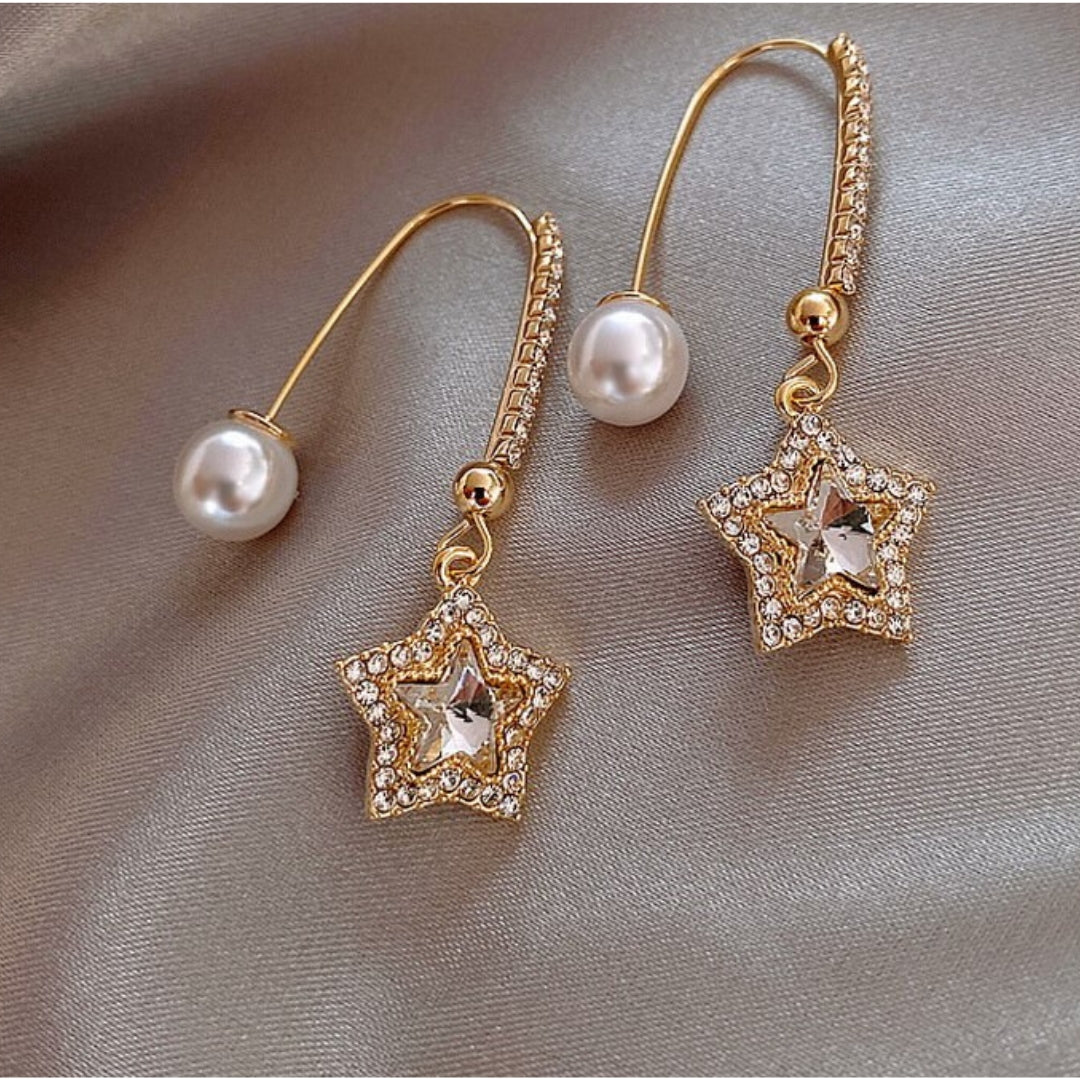 Luxury Star Earrings with Zirconia and Pearls in Gold
