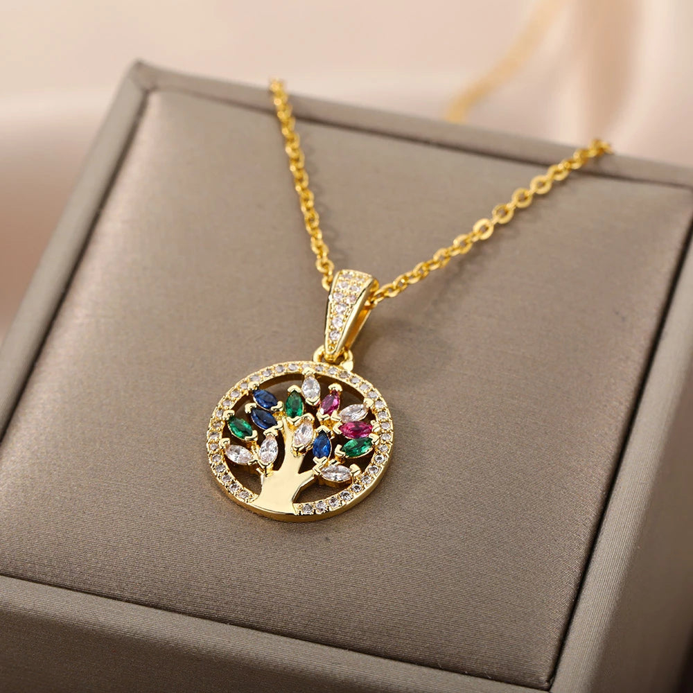 Tree of Life Pendant with Rainbow Stones in Gold
