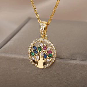 Tree of Life Pendant with Rainbow Stones in Gold