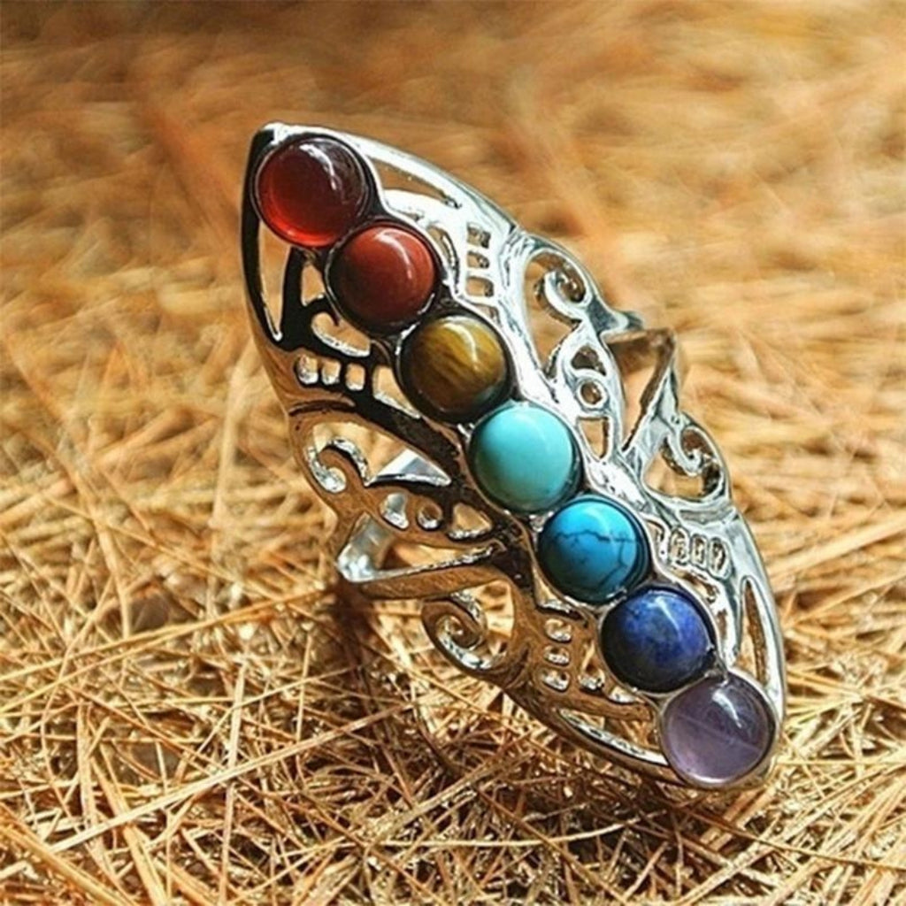 Adjustable Boho Ring with Natural Stones in Sterling Silver