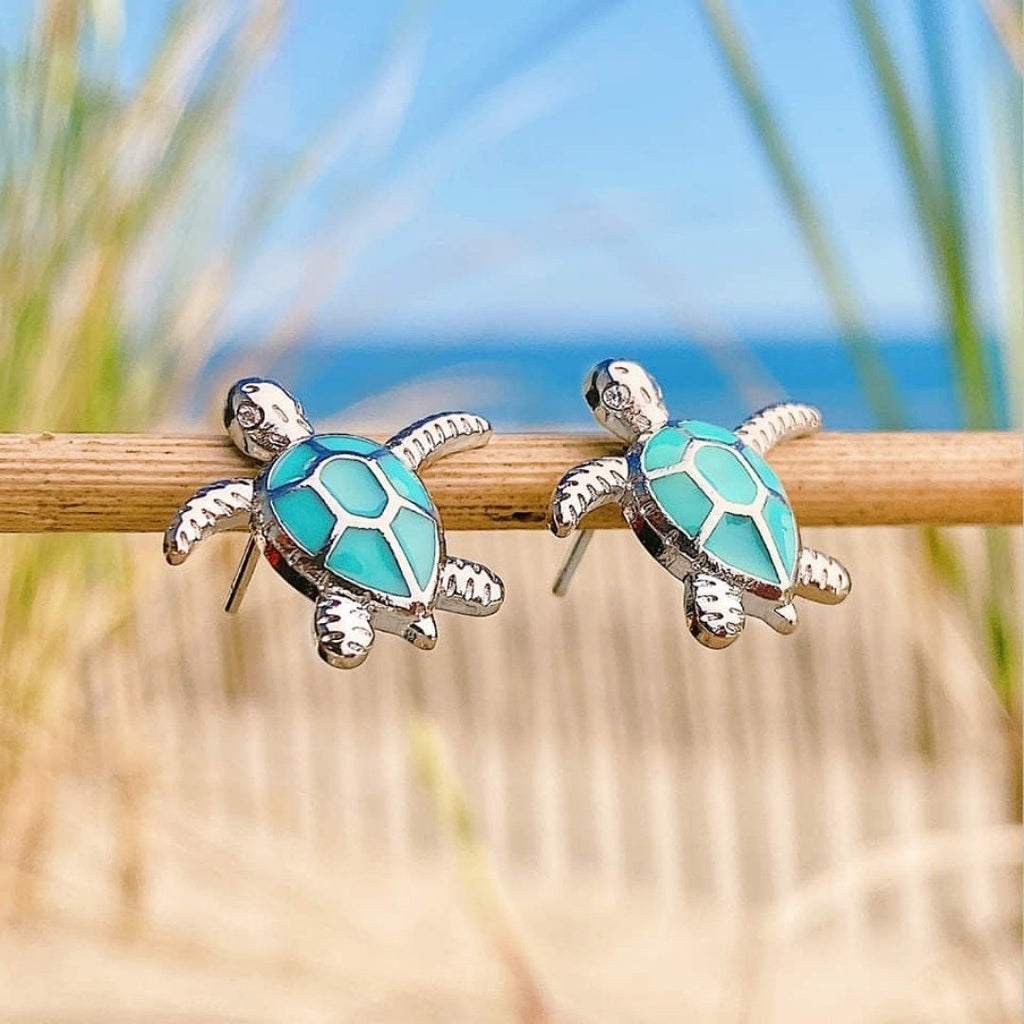 Sea Turtle Earrings in Opal and Silver