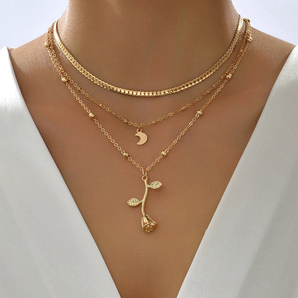 Rose and Moon Gold Pendant Necklace