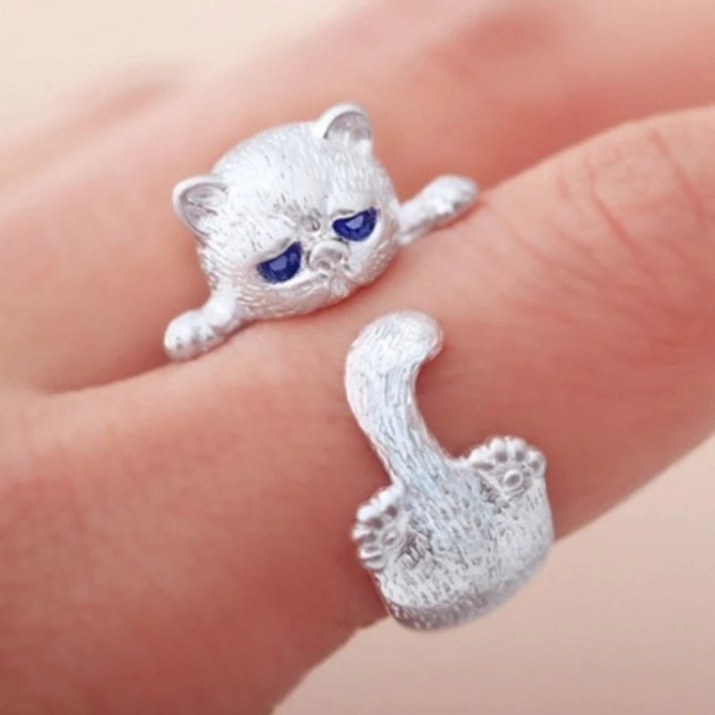 Adjustable 925 Sterling Silver Kitten Ring