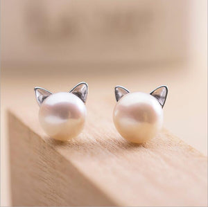 Earrings Kittens with Cultured Pearls and Silver