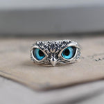 Owl of Good Luck Adjustable Ring in Silver and Opal