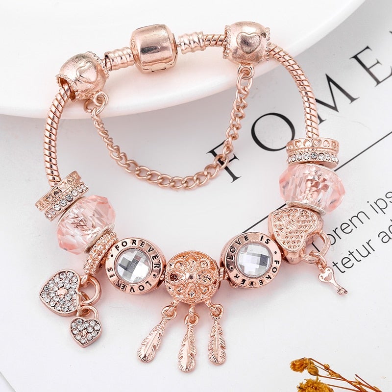 Rose Dreamcatcher Bracelet with Charms Included in Sterling Silver
