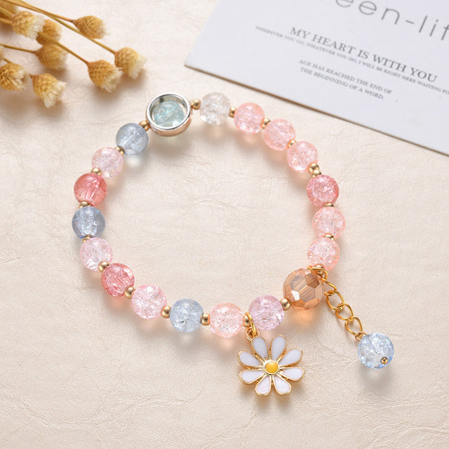 Rose and Blue Stones and Daisy Flower Bracelet in Gold