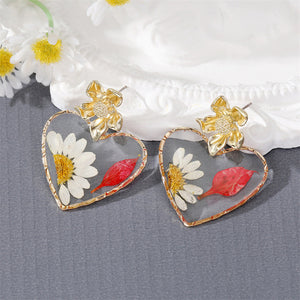 Heart Shaped Earrings with Daisies and Red Petal in Gold