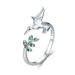 Hummingbird Ring with Green Zircons in 925 Sterling Silver