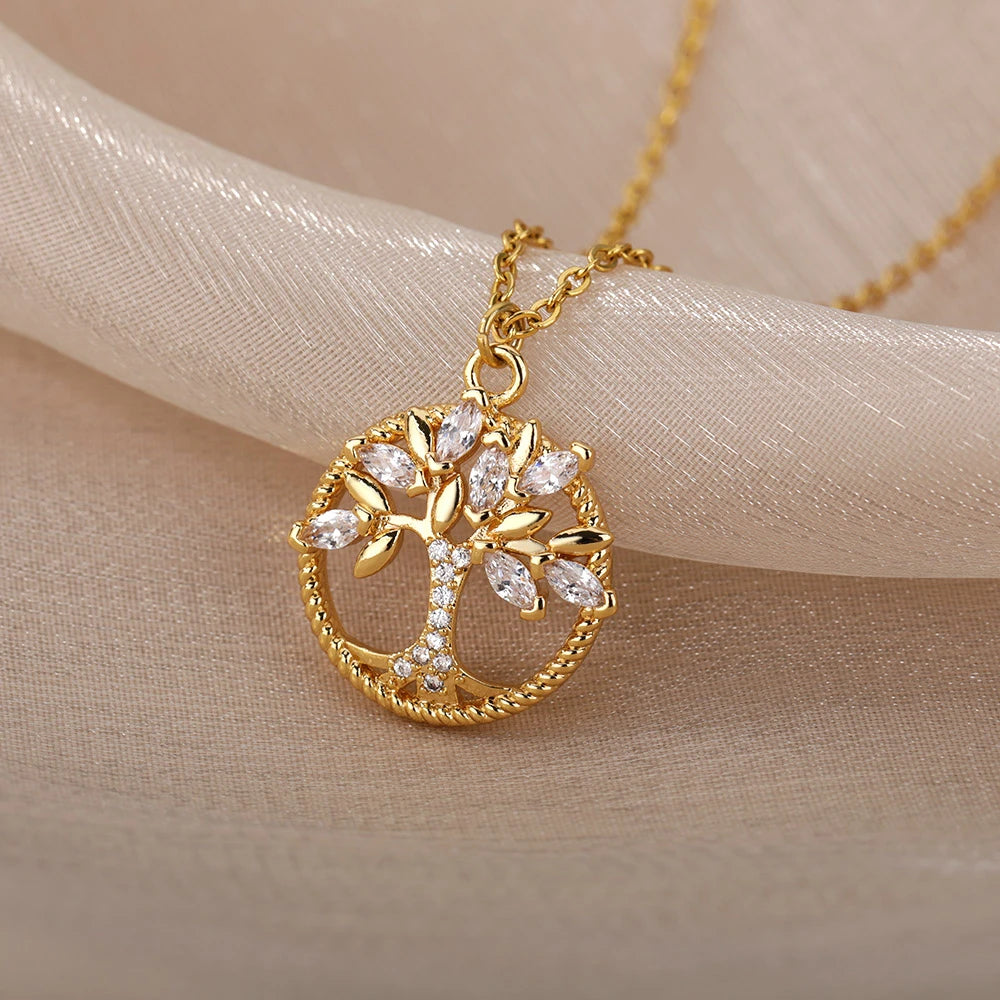 Tree of Life Necklace with Zirconia in Gold