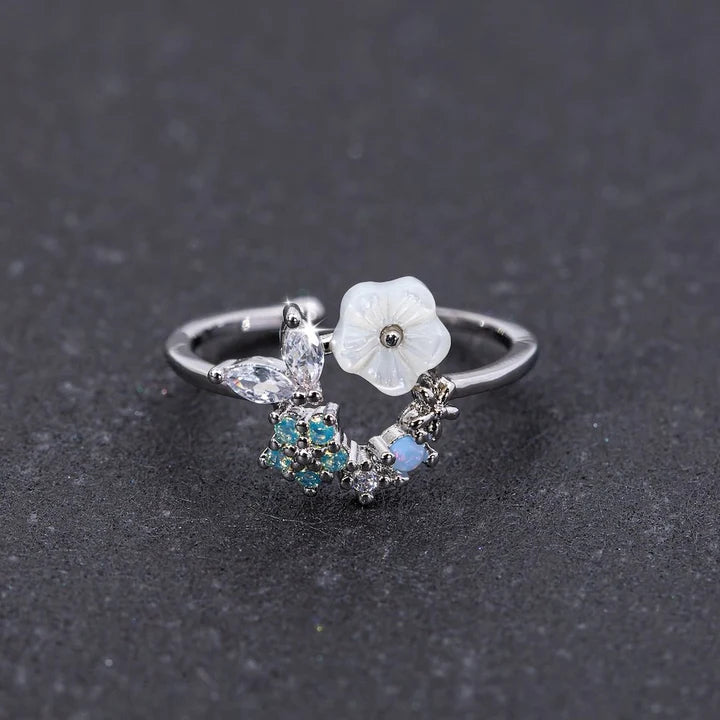 Silver Adjustable Floral Ring with Zirconias