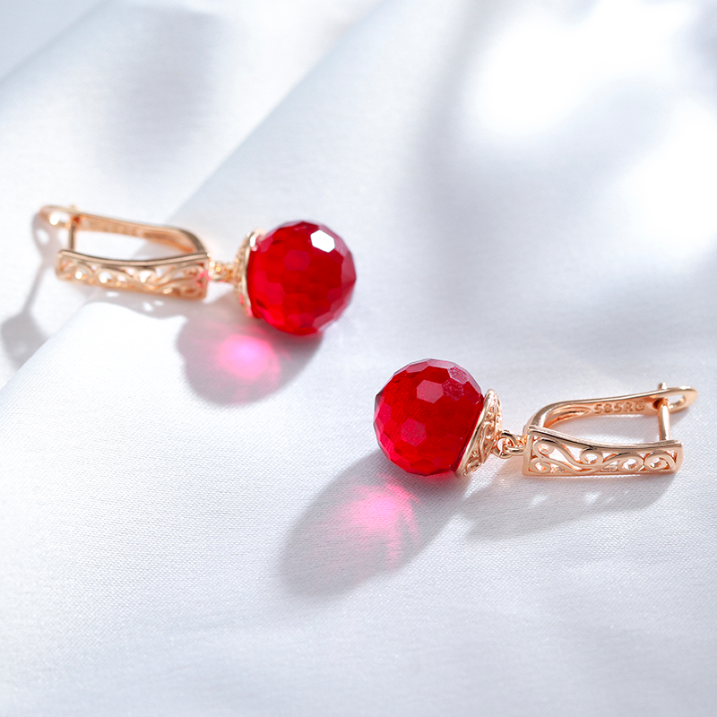 Elegant Red Crystal Ball Earrings in Gold
