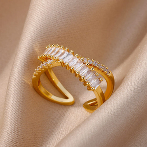 White Crossed Crystals and Gold Plated Zirconia Ring