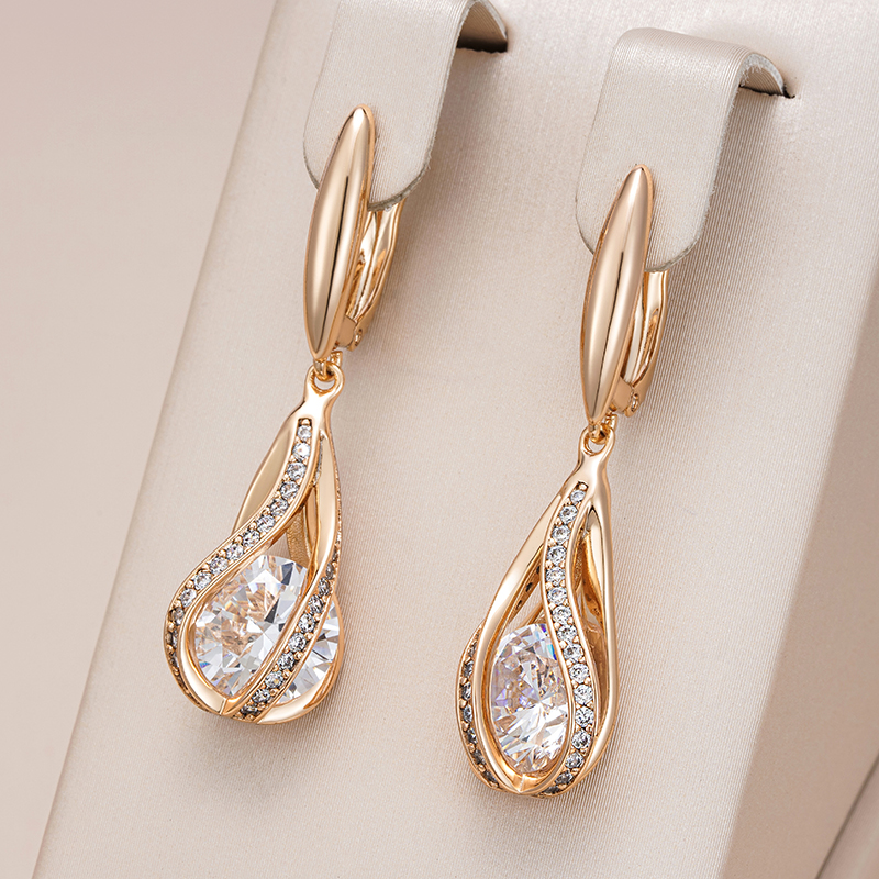 Elegant Pendant Earrings with Zirconia and Crystal in Gold