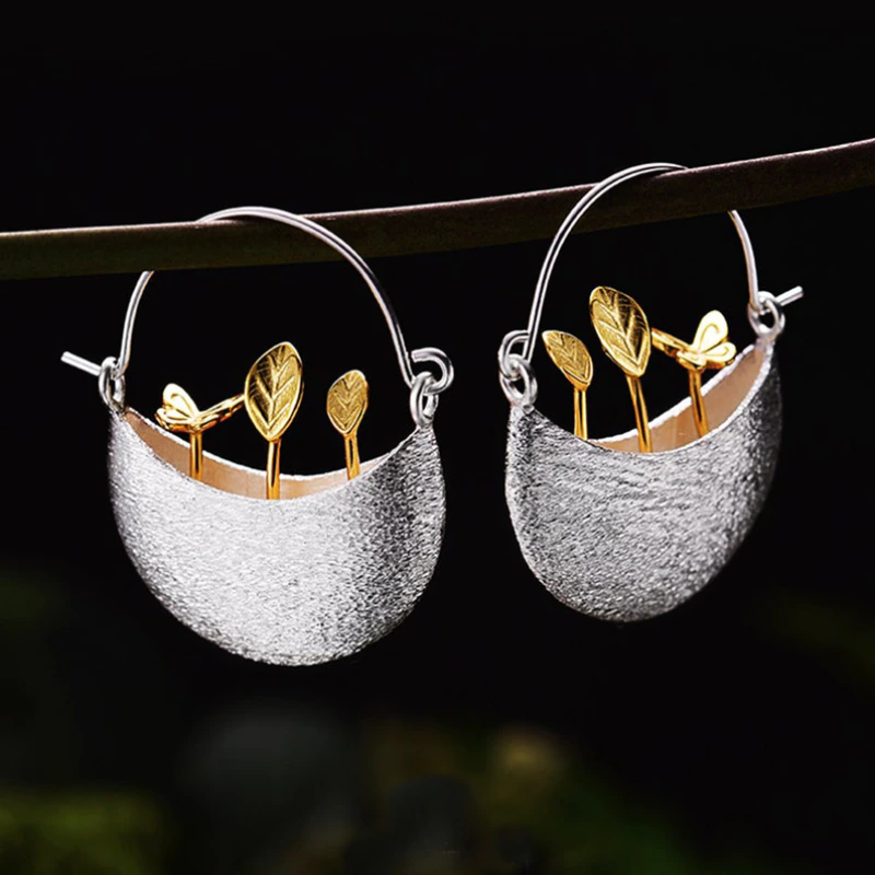 Gold Plated Floral Basket Earrings in Silver