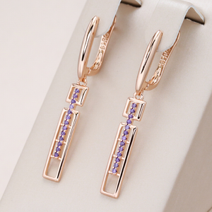 Elegant Rectangular Earrings with Purple Crystals in Gold