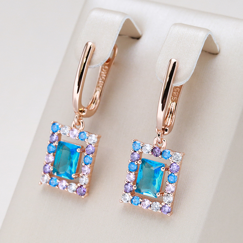 Elegant Blue Cubic Crystal Gold Earrings